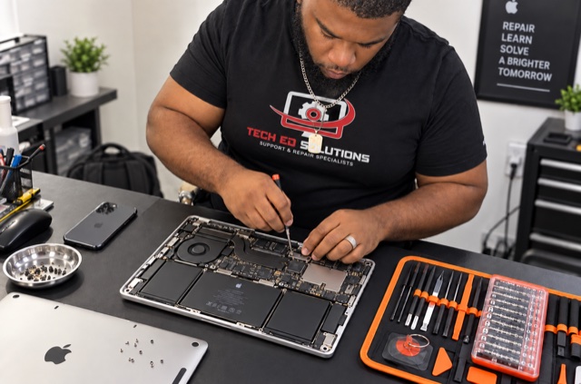 A TechEd and Solutions technician working inside an opened MacBook at the repair bench, with a precision screwdriver set laid out beside it