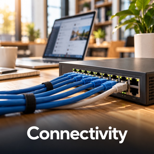 Network cables plugged into a switch on a desk, with a laptop open behind it