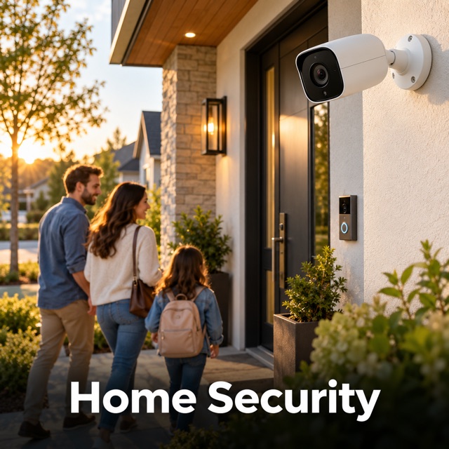 A security camera and a video doorbell beside a front door, as a family walks up the path at sunset